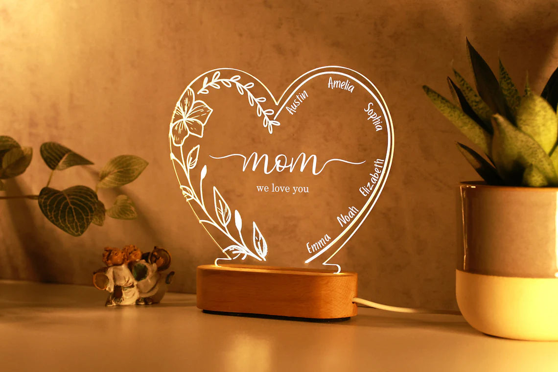 Personalized Night Light with Name or Date: Gift for Mom - Custom LED Glass Nightlight for Mother's Day - Gift for Mum - Mommy's keepsake