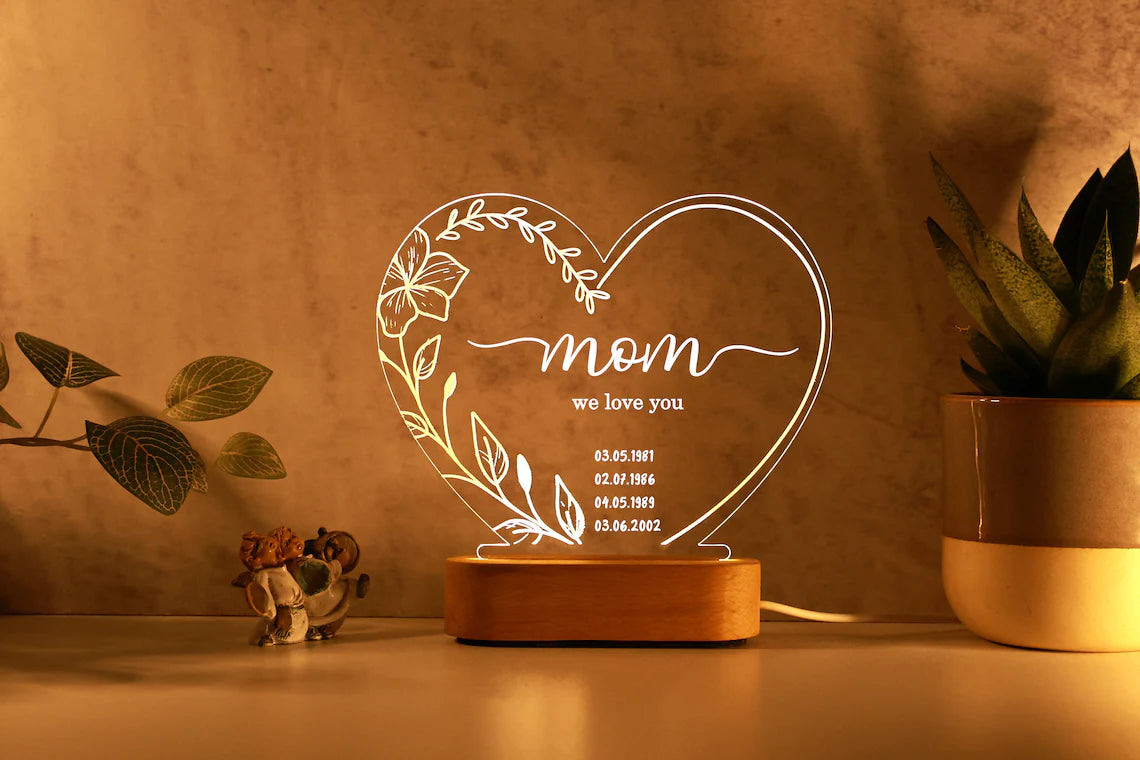 Personalized Night Light with Name or Date: Gift for Mom - Custom LED Glass Nightlight for Mother's Day - Gift for Mum - Mommy's keepsake