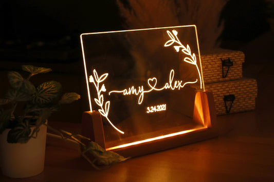 Personalized Floral Couple Name Plexi Night Light - Newly Weds Gift